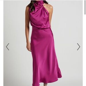 MINNIE MIDI DRESS - DRAPE NECK SATIN SLIP DRESS IN PURPLE